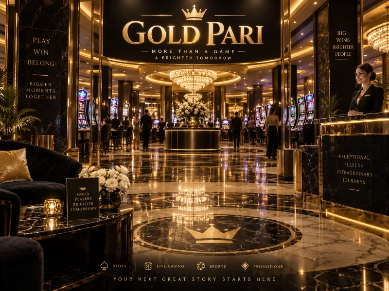GoldPari hashamatli kazino kirish zali va oltin rangli interyer